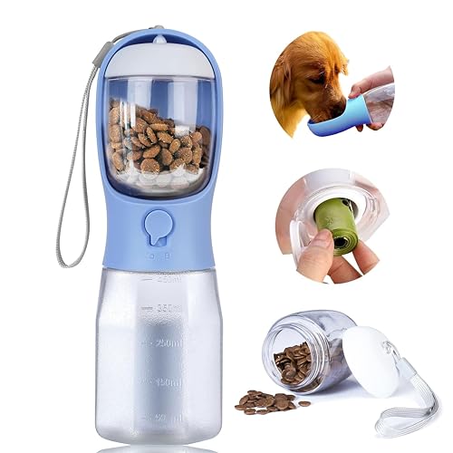Dog Water Bottle with Food Container, Portable Pet Dog Water Dispenser for Outdoor Walking,Hiking,Travel,Puppy Essentials,Puppy Supplies,Replaceable Waste Bags - color: Blue, size: 15oz