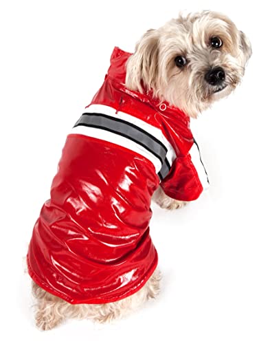 Pet Life ® Reflecta-Glow Multi-Adjusting Reflective Year-Round Fleece Reversed PVC Pet Jacket Waterproof Dog Raincoat with Removable Hood - color: Red, size: Small