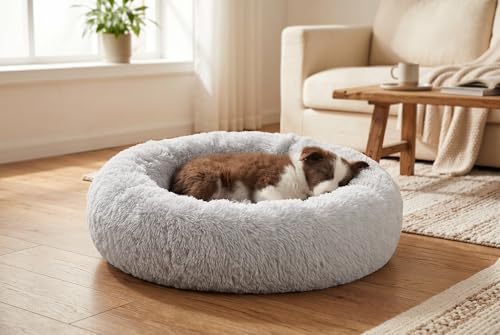 SAVFOX 30 inches Calming Donut Dog Bed - 3X Durable Plush Faux Fur, Machine Washable & Non-Slip, Fits up to 45 lbs, Light Grey - color: Light Grey, size: Medium | 30"x30"