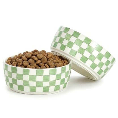 6.4 inch Ceramic Hand Painted Basic Dog Bowl Set of 2 with Anti-Skid Rubber Base, Food and Water Bowls for Small Pets Green - color: Green