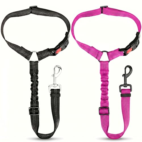 2-Pack Reflective Retractable Pet Seat Belt – Nylon Dog Tether, Adjustable Strap, Attaches to Headrest or Seat Belt – Safe for Small to Large Dogs, Fits Sedans, Trucks, SUVs (Black + Rose Red) - color: Black + Rose Red