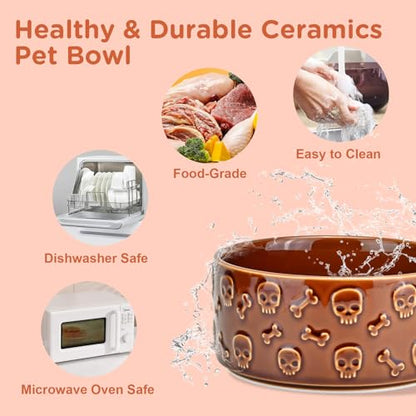 SPUNKYJUNKY Elevated Dog Bowls Ceramic, 6.1'' Dogs and Cat Food Water Bowls Raised with Non-Slip Bamboo Stand for Medium Sized Breed Microwave Dishwasher Safe - 28.7 OZ,Skull Bronze - color: Bronze - Skull, size: 6.1 in - 3.6 cups