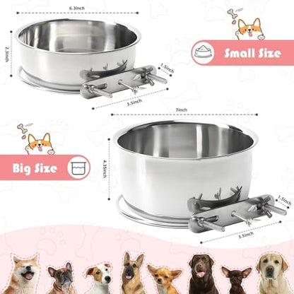 Large 2 Packs Hanging Water Bowls for Dog Crate Stainless Steel Kennel Water Bowl No Spill Adjustable Dog Water Dish for Medium Large Dogs Huge Pets (7.1 * 4.3”& 6.3 * 2.3”) - size: 2 packs 7.1 * 4.3" & 6.3 * 2.3"