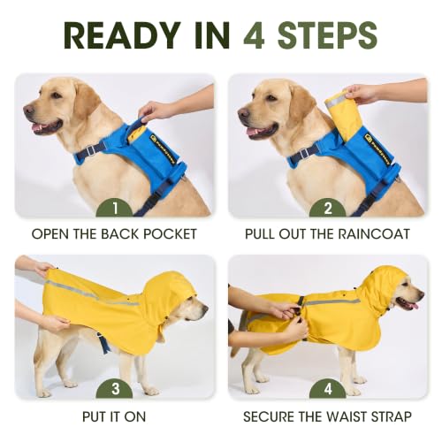 2-in-1 Dog Harness with Built-in Raincoat, Waterproof Packable Dog Rain Jacket, Reflective Adjustable Dog Rain Coat with Leash Portal, Royal Blue Harness/Bright Yellow Raincoat, Large - color: Royal Blue Harness / Bright Yellow Raincoat, size: Large