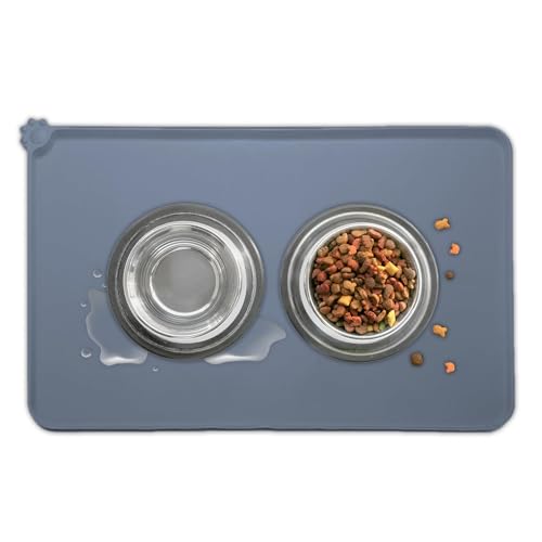 Silicone Pet Feeding Mat for Dogs & Cats – Non-Skid Waterproof Food & Water Bowl Mat with Raised Edges, Easy to Clean Pet Food Floor Mat, Durable Gray Pet Placemat, 19 x 12 Inches