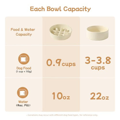 Havniva 6.1” Raised Slow Feeder Dog Bowls Set, 0.9 Cups Ceramic Slow Feeder Dog Bowl and 6.1” Dog Water Bowl with Elevated Wooden Stand Puzzle Dog Food Bowl for Small Dogs Anti-Gulping & Anti-Choking - color: 2 x Light Yellow+Stand-C, size: 6.1inch