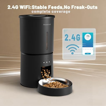 Miaosical Automatic Cat Feeder,2.4G WiFi Timed Auto Cat Food Dispenser with 10s Voice Recorder,Dual Power Supply,4.2L Auto Cats Feeder(Black, 4.2L WiFi Single Bowl)