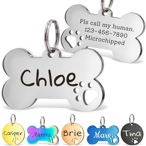 Anavia Paw Print Pet ID Tags, S/M/L Personalized Color Plated Stainless Steel Cat Dog Tags, Customized Engraved Glossy Dog Name Tag Pet Collar Tag (Silver, Bone-Small) - color: Silver, size: Bone-Small