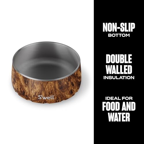 S'well Stainless Steel Pet Bowl, 16oz, Teakwood, for Small to Medium Size Dogs, Mess Free Design with Non Slip Rubber Bottom, Dishwasher Safe, BPA Free - color: Teakwood, size: 16 oz