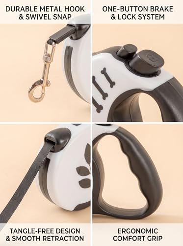3 Meter Retractable Dog Leash Leaf Print, 10ft Nylon Tape with One-Handed Brake for Pet Walking and Training - color: Grey