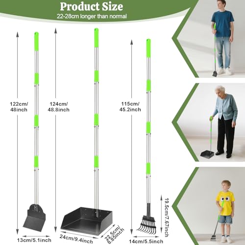 T2Y Extra Long Handle Dog Pooper Scooper 3-Piece Set, Heavy Duty Metal Poop Rake, Tray and Spade for Large Dogs, Stainless Steel Pet Waste Remover & Garden Scoop for Yard/Grass/Dirt/Gravel - size: Rake & Spade & Large Tray-Green