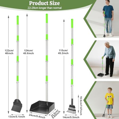 T2Y Extra Long Handle Dog Pooper Scooper 3-Piece Set, Heavy Duty Metal Poop Rake, Tray and Spade for Large Dogs, Stainless Steel Pet Waste Remover & Garden Scoop for Yard/Grass/Dirt/Gravel - size: Rake & Spade & Large Tray-Green