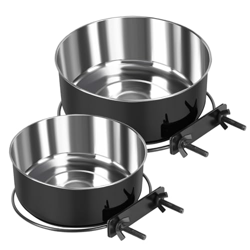 2 Pcs Black Large Pet Dog Food Water Bowl for Cage Stainless Steel Non-Spill Kennel Hanging Cats Bowls with Clamp Holder Crate Feeder Dish for Medium Large Dogs Huge Pets (7.1x2.5'' & 6.3x2.4'') - color: Black, size: L (56 & 41 OZ)