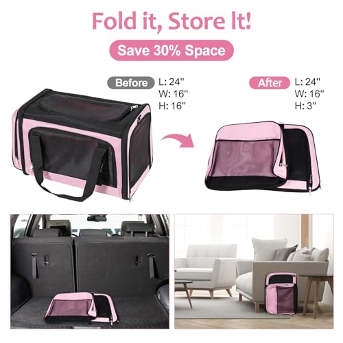 Discala Extra Large Cat Carrier for 2 Cats, Pet Carrier, Dog Carrier for Small Dogs, Cat Carrier Soft, Collapsible Large Pet Carrier for Traveling Indoor and Outdoor Uses - Pink 24"x16"x16"