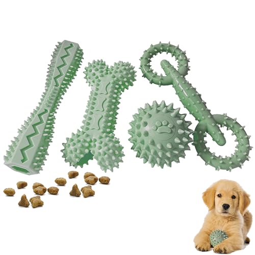 Puppy Teething Toys Rubber Bone Molar Ball Interactive Donut Treat Dumbbell | 4 Pack 2-8 Months / Cleaning Teeth / Food Dispensing / Durable / Chew Toys/ Small Dogs - color: Green