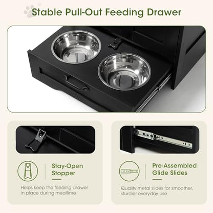 Dog Feeding Station with Storage Cabinet, Black Wood Dog Cabinet with 2 Elevated Stainless Steel Bowls, Hidden Pull-Out Feeder Drawer, Pet Feeding Station for Kitchen and Living Room - color: Black