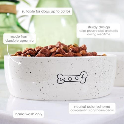 Pearhead Ceramic Dog Bowl – “Woof” Speckled Pet Food & Water Dish, Durable Stoneware, Non-Slip Heavy Base, 20 oz, Medium - color: White "Woof" Bowl, size: Medium