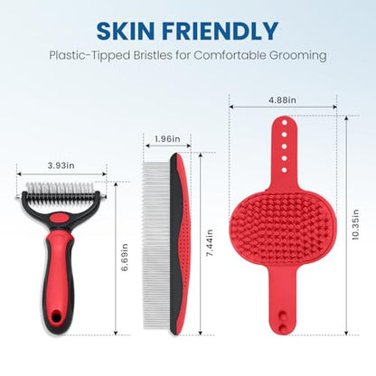 Double-Sided Pet Grooming Rake - 4-in-1 Professional Pet Grooming Kit Deshedding Dematting Tool for Dogs Cats Extra-Wide Grooming Brush & Deshedder Comb for Long & Short Haired Pets (Red Kit 4PCS) - color: Red