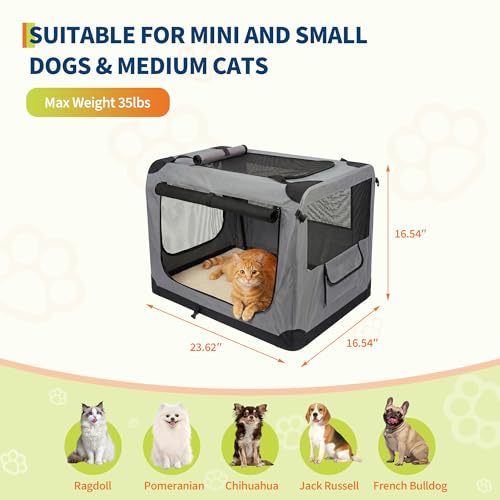 24 Inch Soft Dog Crate Collapsible 3-Door Travel Kennel for Large Dogs Indoor Outdoor Car Use, with Portable Fleece Bed, Side Pocket & Safety Zippers - size: M 24x16.5x16.5''