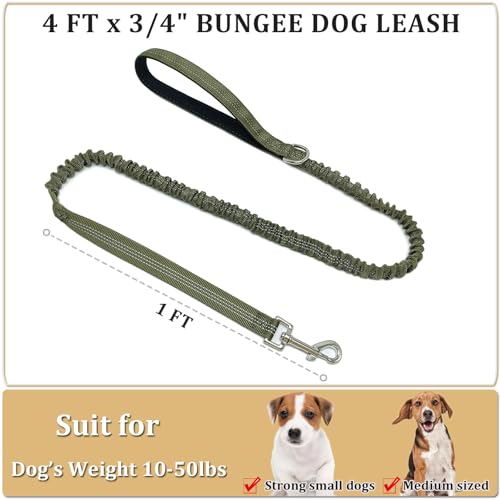 WYuZe 4ft Bungee Dog Leash Reflective Soft Handle Small Medium Dogs No Pull | Stretch Shock Absorbing Nylon Leash for Anti-pull Walking Training - color: Army Green