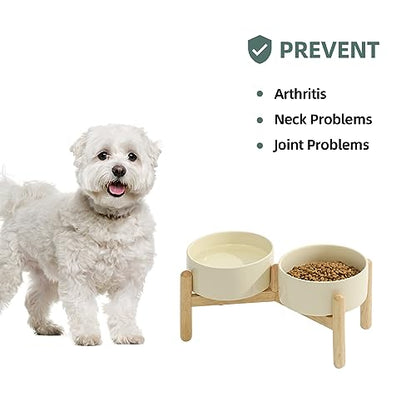 Havniva 6.1inch Ceramic Raised Dog Bowl with Stand, Double Dog Bowls Elevated for Small and Medium Breed Dog Food and Water Bowl Set Non-Slip Dog Dish Large Capacity Feeding Pet Water Bowl - color: 2 Bowls+Stand - Light Yellow, size: 6.1inch