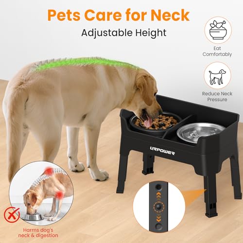 URPOWER 3-in-1 Elevated Dog Bowls - Mess Proof Double Deck 4 Height Adjustable Raised Stand with Stainless Steel Bowl & Slow Feeder & Licking Plate for Small, Medium & Large Dogs - color: Matte Black, size: Large