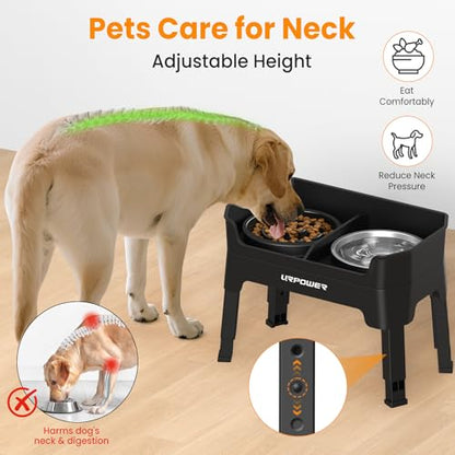 URPOWER 3-in-1 Elevated Dog Bowls - Mess Proof Double Deck 4 Height Adjustable Raised Stand with Stainless Steel Bowl & Slow Feeder & Licking Plate for Small, Medium & Large Dogs - color: Matte Black, size: Large