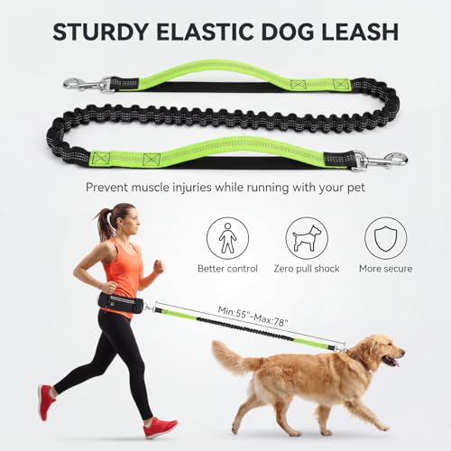 Hands Free Dog Leash 3 Zipper Pounchs with Reflective Strips Poop Bag Dispenser,Waterproof Dog Walking Belt,Dual Handles and Durable Bungee,Waist Leash for Dog Walking,Jogging and Running - color: Green