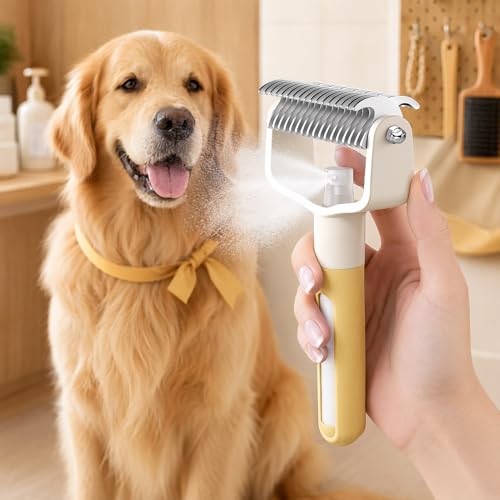 Dual-Sided Pet Grooming Comb for Dogs and Cats, Stainless Steel Dematting Undercoat Rake, 2-in-1 Deshedding Brush with Spray for Long Hair (Yellow) - color: Yellow