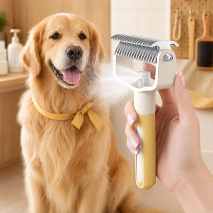 Dual-Sided Pet Grooming Comb for Dogs and Cats, Stainless Steel Dematting Undercoat Rake, 2-in-1 Deshedding Brush with Spray for Long Hair (Yellow) - color: Yellow