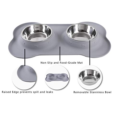 Hubulk Pet Dog Bowls 2 Stainless Steel with No Spill Non-Skid Silicone Mat + Pet Food Scoop Water and Food Feeder Bowls for Feeding Small Medium Large Dogs Cats Puppies ( Gray) - color: Gray, size: Small