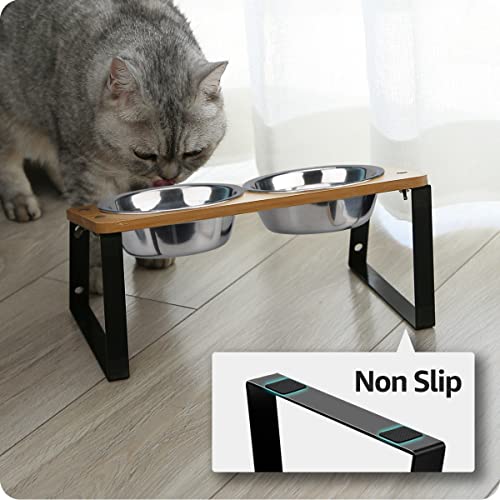 AYADA Elevated Cat Bowls, Height Adjustable Raised with Stand Lifted Ergonomic Anti Vomiting Non Slip Slanted Tilted Double Bowls Food Water Stainless Steel - color: Stainless Steel