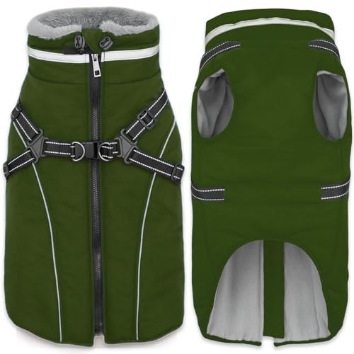 Fragralley Dog Coat with Harness Built in, Waterproof Windproof Reflective Warm Puffer Jacket, Fleece Lined Vest Winter Parka for Small, Medium, Large Dogs - color: Green, size: Large