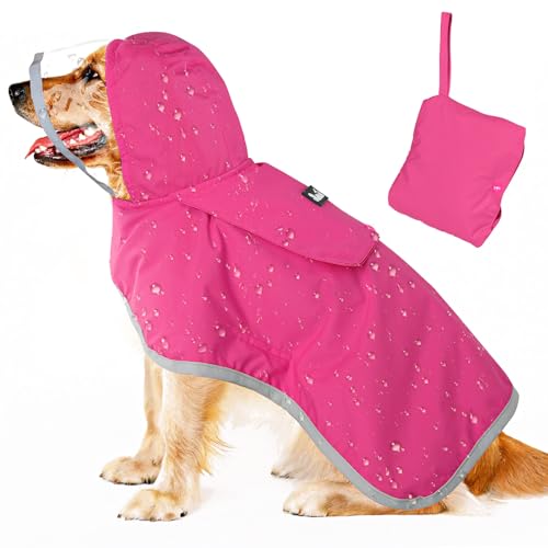 Lukovee Dog Raincoat, Adjustable Dog Rain Jacket with Clear Hooded Double Layer for Large Medium Small Dogs Puppies, Waterproof Rain Coat Poncho with Reflective Storage Pocket & Rim (Fuchsia,XXXL) - color: Fuchsia, size: 3X-Large