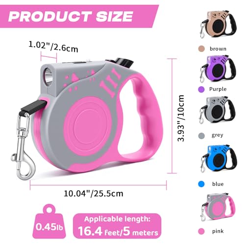 Retractable Dog Leash with USB Rechargeable Flashlight for Night Walks, 16FT Automatic Telescopic Tractor Dog Leash for Small and Medium Dogs, Pink - color: pink