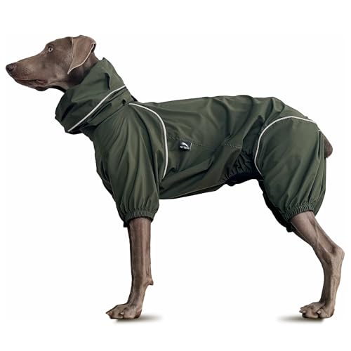 Dog Lightweight Windbreaker, Dog Outdoor 4-Legs Jacket, 0.5 lbs,Durable Water Repellent, Hooded, Easy on/Off with Collar and Harness, Reflective, Packable,Dark Olive - Small - size: Small