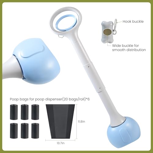 Dog Pooper Scooper Portable with Bag Attachment, One Handed Foldable Design, Includes 120 Waste Bags and Dispenser, 28 Inch Handle for Grass Yard Gravel Cleanup (Blue) - color: 28in + Blue + 120 garbage bags + dispenser