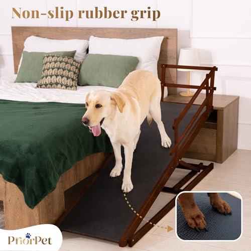 Dog Ramp for Bed with Safety Rails for High Beds up to 37" – Extra Wide 19.5" Adjustable Dog Bed Ramp for Large Dogs up to 200 lbs – Solid Birchwood, Non-Slip Rubber Surface, Foldable Design – Walnut - color: Walnut