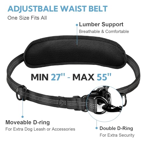 Hands Free Dog Leash, Adjustable Waist Belt with Double Padded Handles, Retractable Bungee for Medium & Large Dog, Running, No Pull,Black Grey - color: Black/Silver Gray