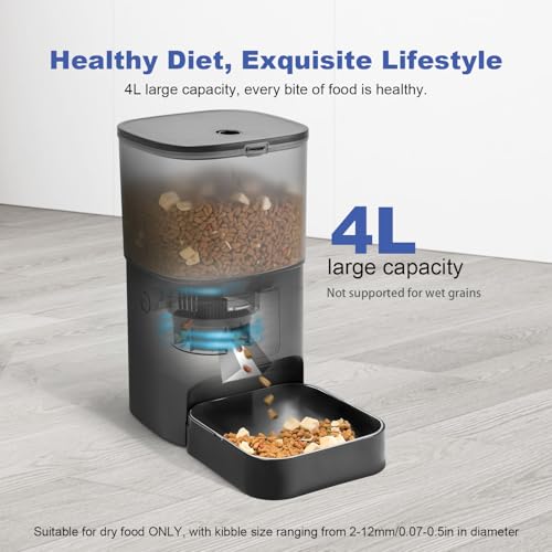 ANDOLL HOME 2.4G Automatic Cat Feeder, 4L WiFi Food Dispenser with 10s Voice Recorder, Pet Feeder up to 10 Meals per Day, Timed Cat Feeder with Dry Food Sealed Ring - color: Frosted Black