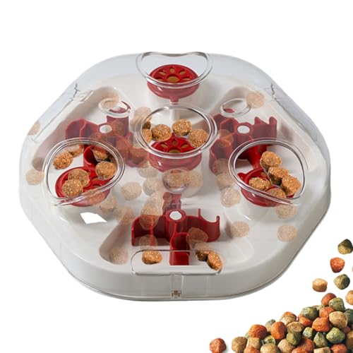 Dog Treat Puzzle - Slow Feeding Game, Sliding Treat Dispenser Toy, Motivating Food Plate | Entertaining Home Play Boredom Relief Puppy Kitten Medium Large Breed Interactive Training Feeder - color: Red