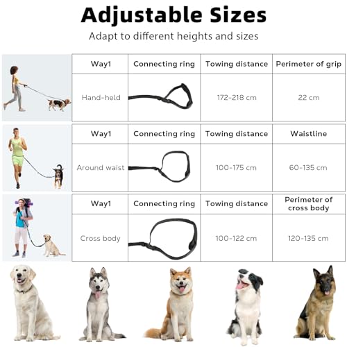 Hands Free Dog Leash, Waist Leash for Dog Walking 2 Dogs, Double Hands Free Lead with Detachable Waist Pad, Padded Handles, Shock Absorbing Bungee for Walking Jogging Hiking, Blue&Black