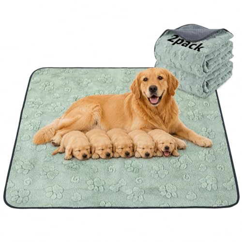 LOOBANI 48"x48" Whelping Pads, Super Absorbent Reusable Pee Pads for Dogs, 2 Pack Leakproof & Waterproof Dog Playpen Mat, Washable Puppy Pads for Potty, Floor, Crate, Couch, Bed and Travel - color: Green Dog Element, size: 48"x48"(Pack of 2)