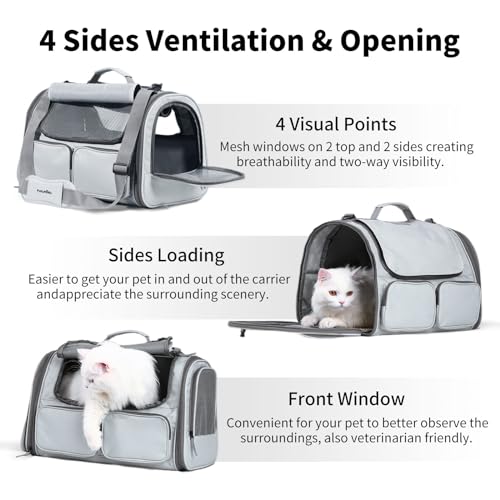 FUKUMARU Cat Carrier, Soft-Sided Small Dog Carrier, Large Cat Travel Bag with 4 Mesh Windows, Under 15 lb Airline Approved Pet Carrier with 4 Storage Pockets, Rollable Cover for Nervous Cats, Grey - color: Ash Grey