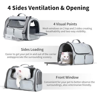 FUKUMARU Cat Carrier, Soft-Sided Small Dog Carrier, Large Cat Travel Bag with 4 Mesh Windows, Under 15 lb Airline Approved Pet Carrier with 4 Storage Pockets, Rollable Cover for Nervous Cats, Grey - color: Ash Grey