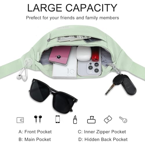 MAXTOP Large Crossbody Fanny Pack with 4-Zipper Pockets,Gifts for Enjoy Sports Festival Workout Traveling Running Casual Hands-Free Wallets Waist Pack Phone Bag Carrying All Phones - color: Sage Green, style: Large Fanny Pack(4 Zipper Pockets)