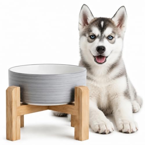hjn Elevated Ceramic Dog Bowl with Bamboo Stand, Raised Pet Feeding Station for Small Medium Dogs Cats, Modern Design with Anti-Slip Base (White Gray, 3.6Cup) - color: White Gray, size: 3.6Cup