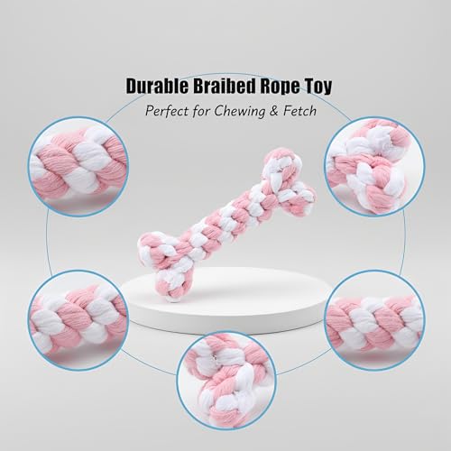 Bone-Shaped Dog Rope Chew Toy, Pink & White | Bone-Shaped Chew Toy, Durable Cotton Rope, For Teething, Training, Interactive Play, Small to Medium Dogs