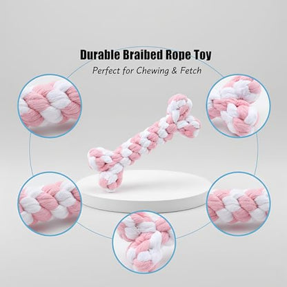Bone-Shaped Dog Rope Chew Toy, Pink & White | Bone-Shaped Chew Toy, Durable Cotton Rope, For Teething, Training, Interactive Play, Small to Medium Dogs