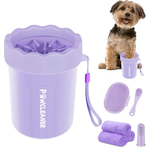 Professional 7 in 1 Dog Paw Cleaner for Dogs & Cats - Includes 1 Portable Paw Washer, 1 Bath Brush, 2 Dog Toothbrushes and 3 Absorbent Towels Note: Fits Paws up to 2 Inches Wide (Small, Purple) - color: Purple, size: Small